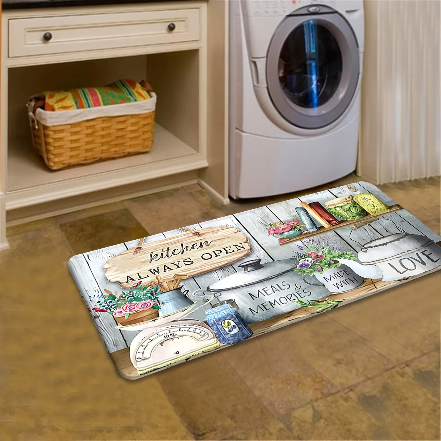 Kitchen Pot Floral Floor Mat Non Slip Quick Dry Runner White Wood Sign Quote Pattern Carpet for Kitchen Hall Bathroom Wash Area