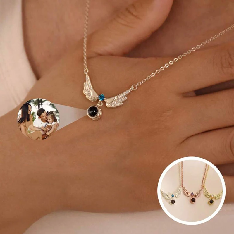 Custom Picture Angel Wing Pendant Necklace Personalized Photo Projection Birthstone Necklace Customized Jewelry Memorial Gifts