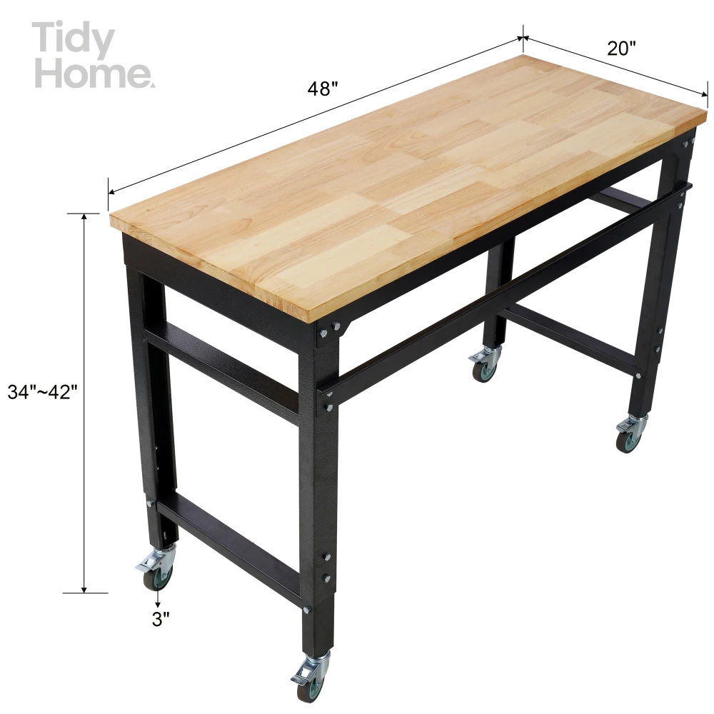 Workbench - 48" Wide Rolling Workbenches for Garage - Adjustable Height,Workshop Tool Bench,Metal with rubber Wood Top,Black leg