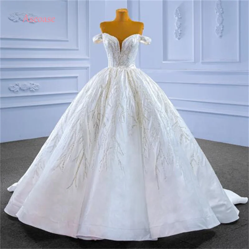 Aseoase Real Photo Luxury Wedding Dresses Ball Gown Off The Shoulder Beaded Dubai Arabic Wedding Gown Bridal Dresses