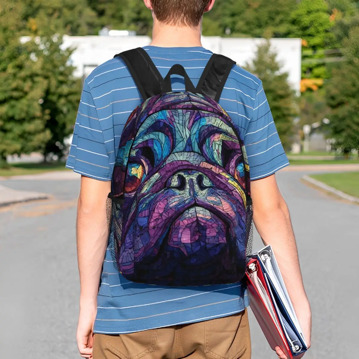 Stained Glass Art Colorful Dog Pug Dog Backpack Student BookBag Children School Bag Computer Shoulder Bags for Men Women