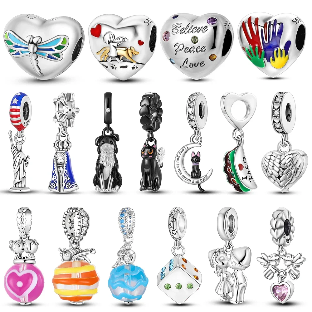 

925 Sterling Silver Couple Goddess Cat Dog Charm Heart Shape Fit Pandora 925 Original Bracelet Bead for Jewelry Making Women