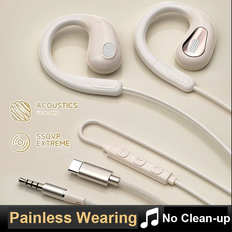 

Type-C Digital Wired Earphones Ear Hanging Painless Wired Control Earhook Surround Hifi Stereo Bass Sports Gamer Earbuds Tablet