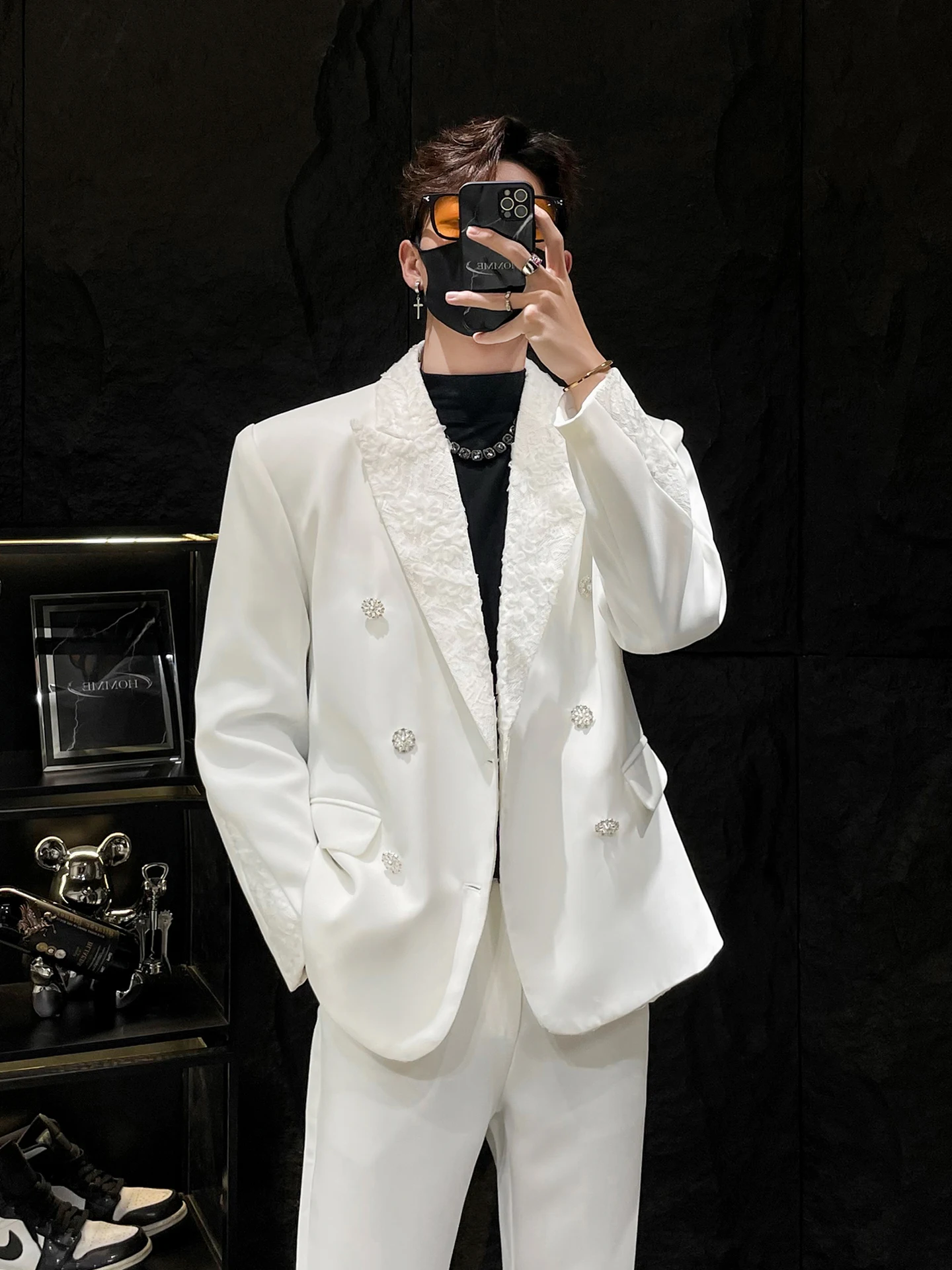 

HOMME Double-Row Button Loose Men's Suit Jaet Lace Collar Splicing Luxury Design Casual Faion Spring Autumn Outerwear