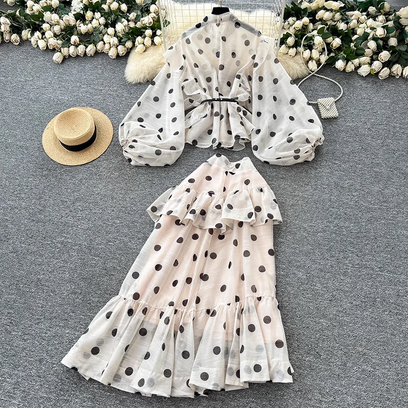 

French Style Women's High-End Tie Lantern Sleeve Polka Dot Blouse High Waist Ruffle Hem Mermaid Skirt