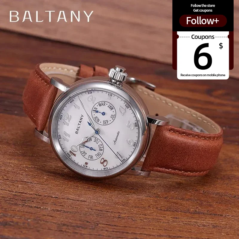 Baltany Mono-pusher Function Watch 9122 Auto S6048 Week Month Hardening Process MOP Dial Leather Retro Dress Wristwatch