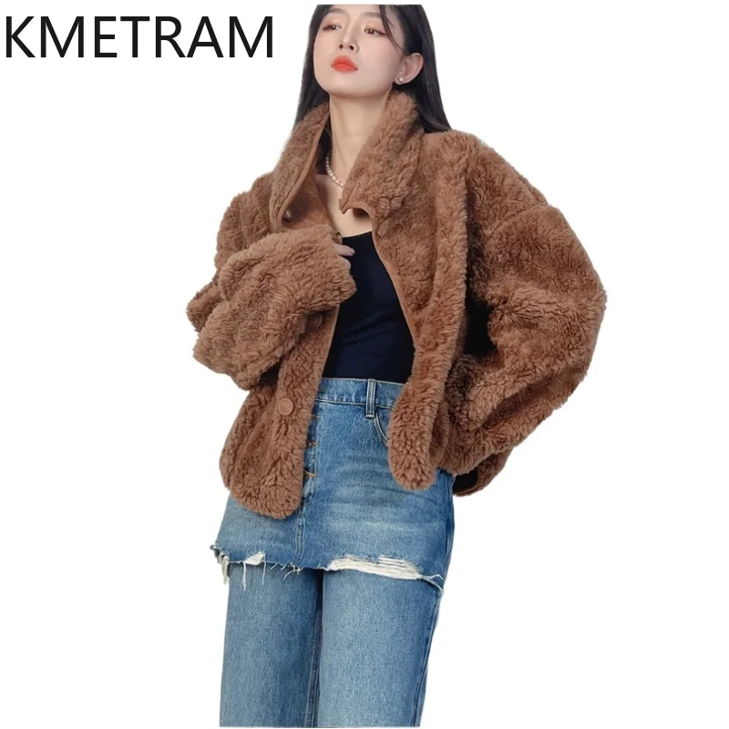 

KMETRAM 100% Wool Coats Woman High Quality Brown Reversible Coat Winter Clothes Luxury Short Furry Jacket 2025 пальто женское