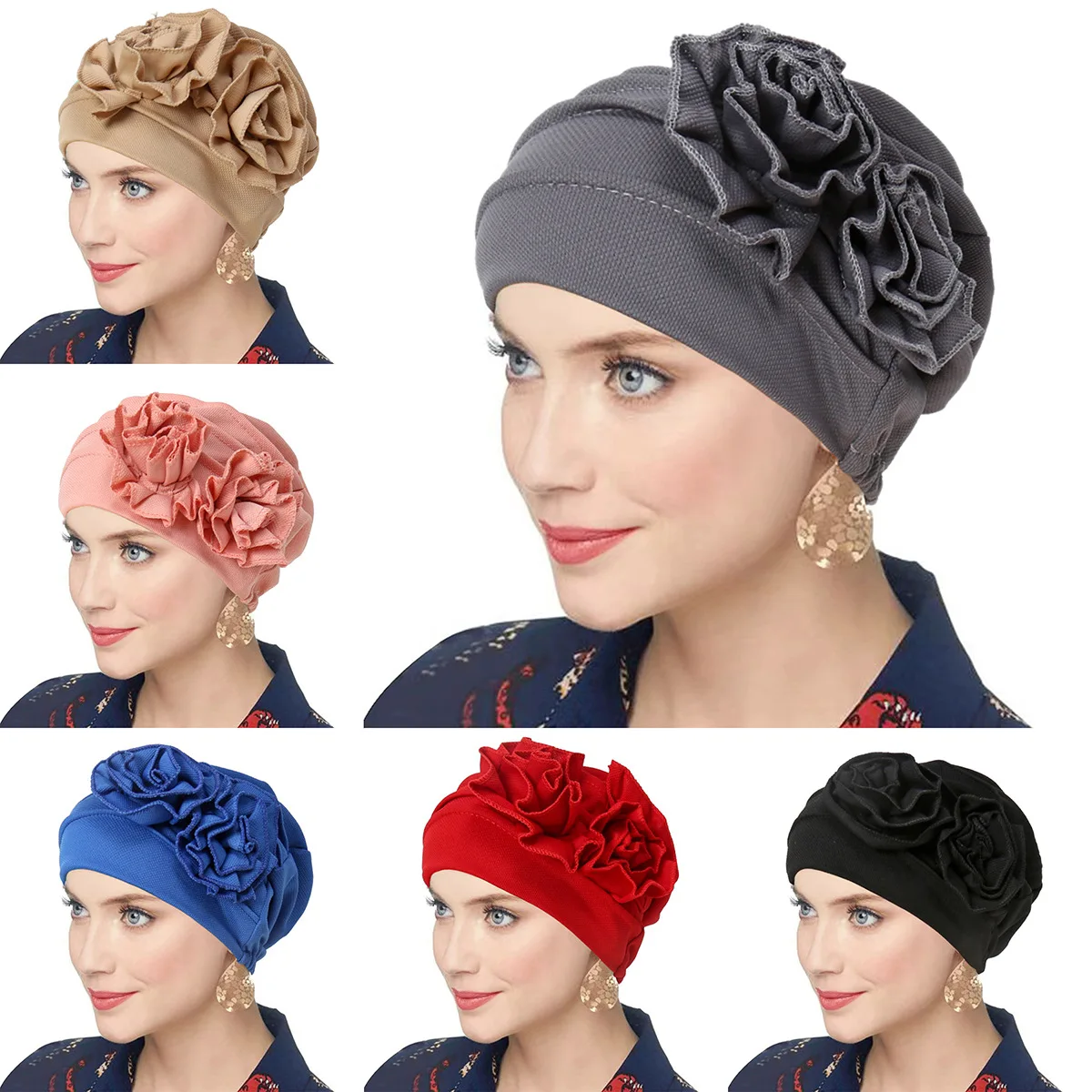 Muslim Solid Color Women Hijab Turban Beanie Hat Wth Double Flower  Decor Chemo Headwear Elastic Head Wrap Cap