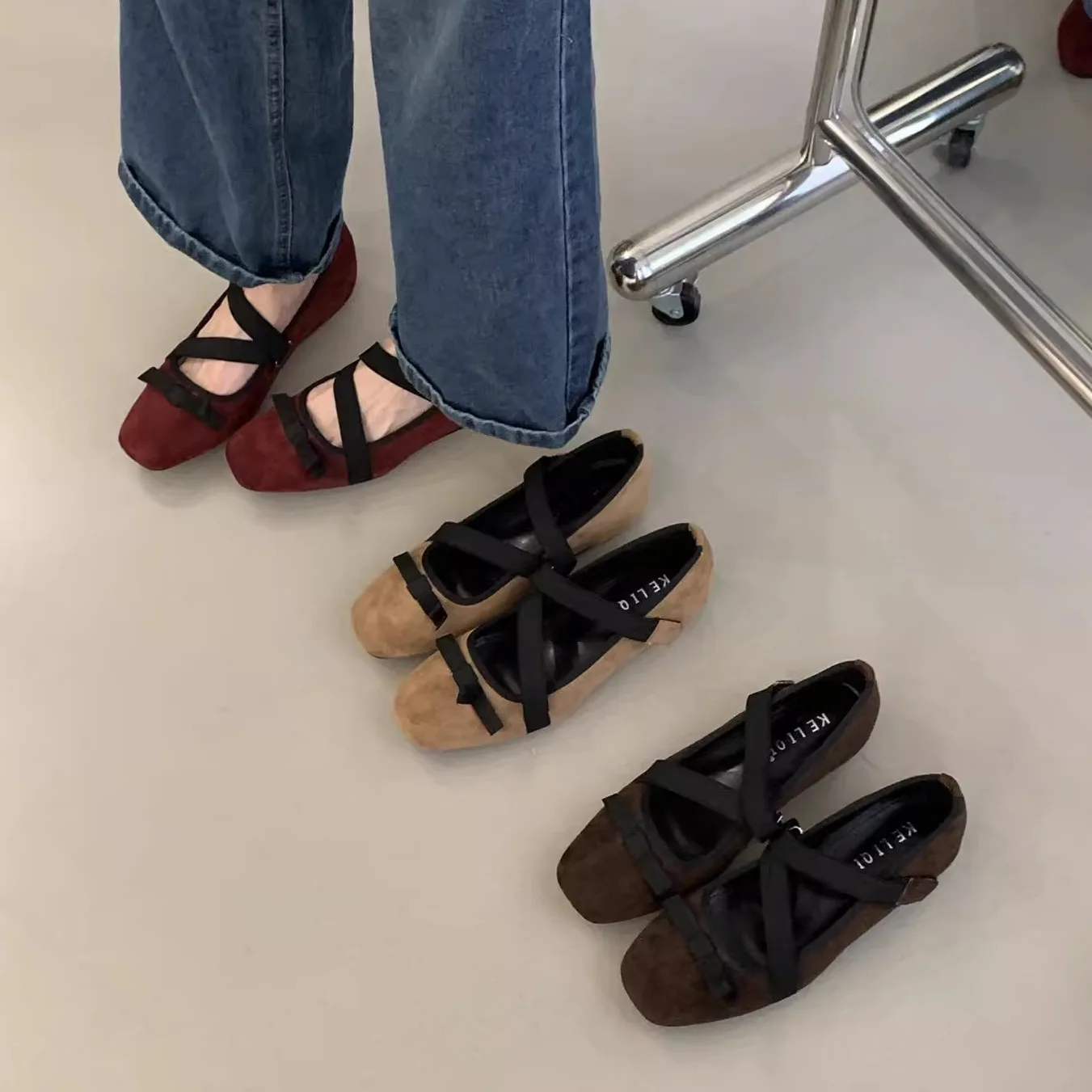 靴女性-2026-秋スクエアトゥ下駄プラットフォーム女性靴オックスフォードバレエフラットカジュアルスニーカー浅い口のリボン結び新しい