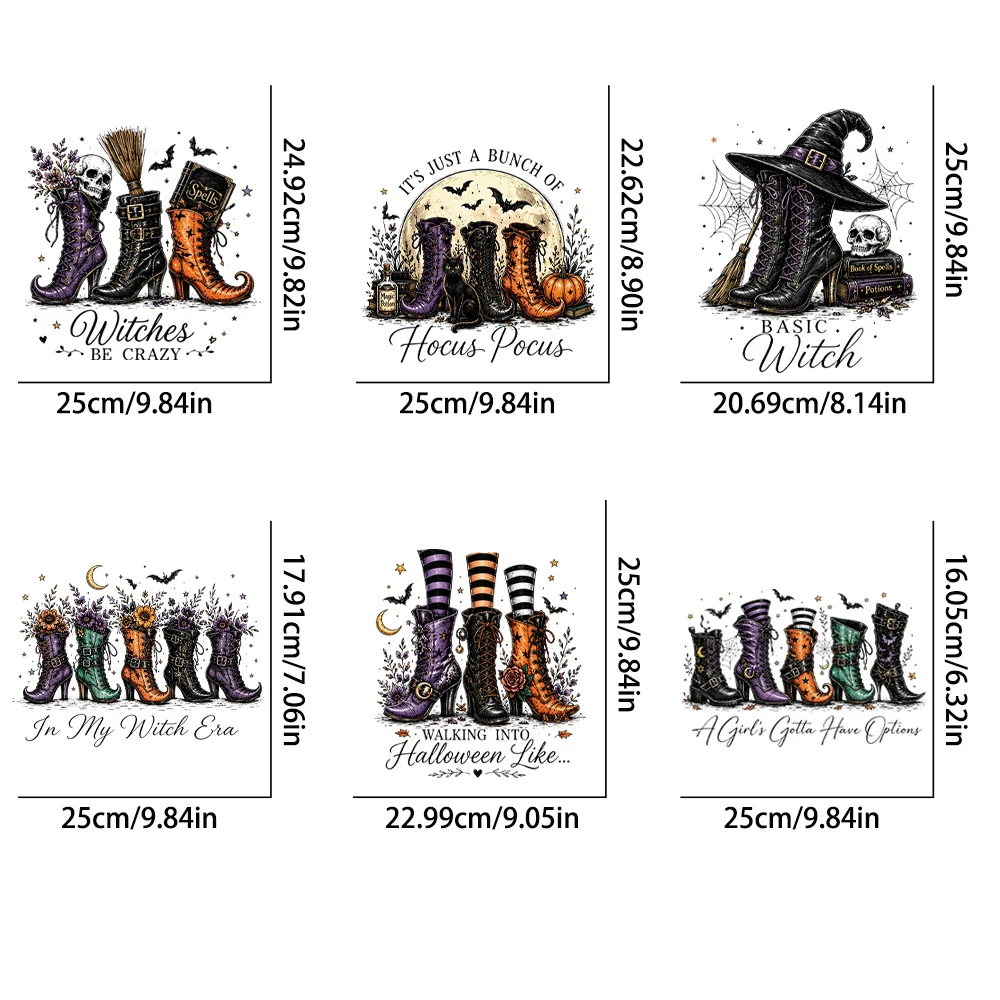 6Pcs Retro Witch Halloween HTV Iron-on Patches, Heat Press DIY, Wash Resistant & Anti-Crack, for T-shirts, Canvas Bags