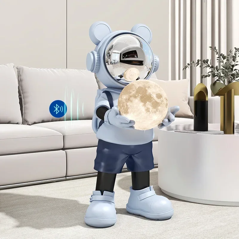 غرفة معيشة رائد الفضاء، زخارف أرضية كبيرة، وخزائن تلفزيون، وأرائك، وديكورات جانبية