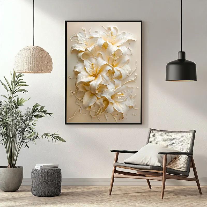 Modern Relief White Lily Wall Art Decor Elegant Textured Floral Painting for Living Room Home Decor