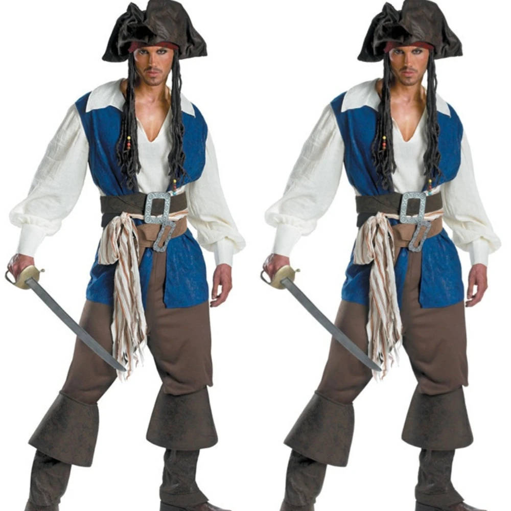 Caribbean Pirate Cosplay Kostuum Vrouwen Top Broek Riem Accessoires Full Set Mannen Piraat Captain Role Play Pak Halloween Party