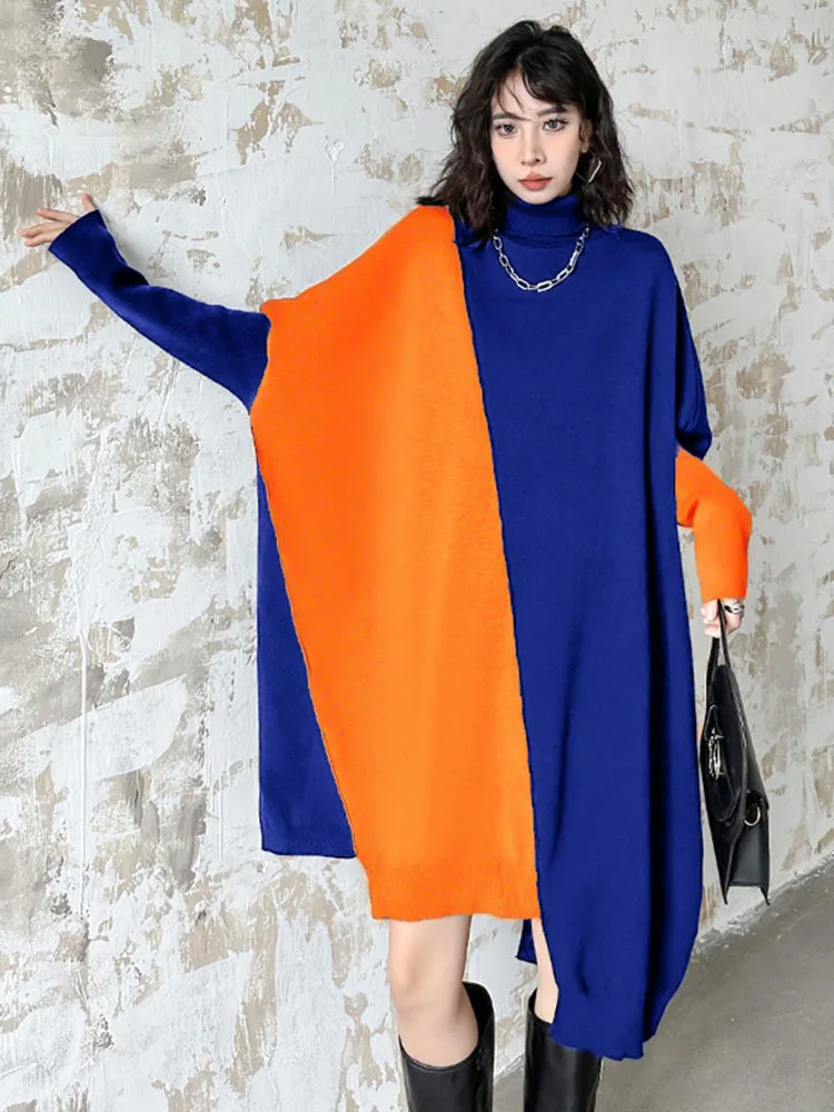 [EAM] Women Gray Color-block Big Size Irregular Knitting Dress New Turtleneck Long Sleeve Fashion Spring Autumn 2024 1DH6561