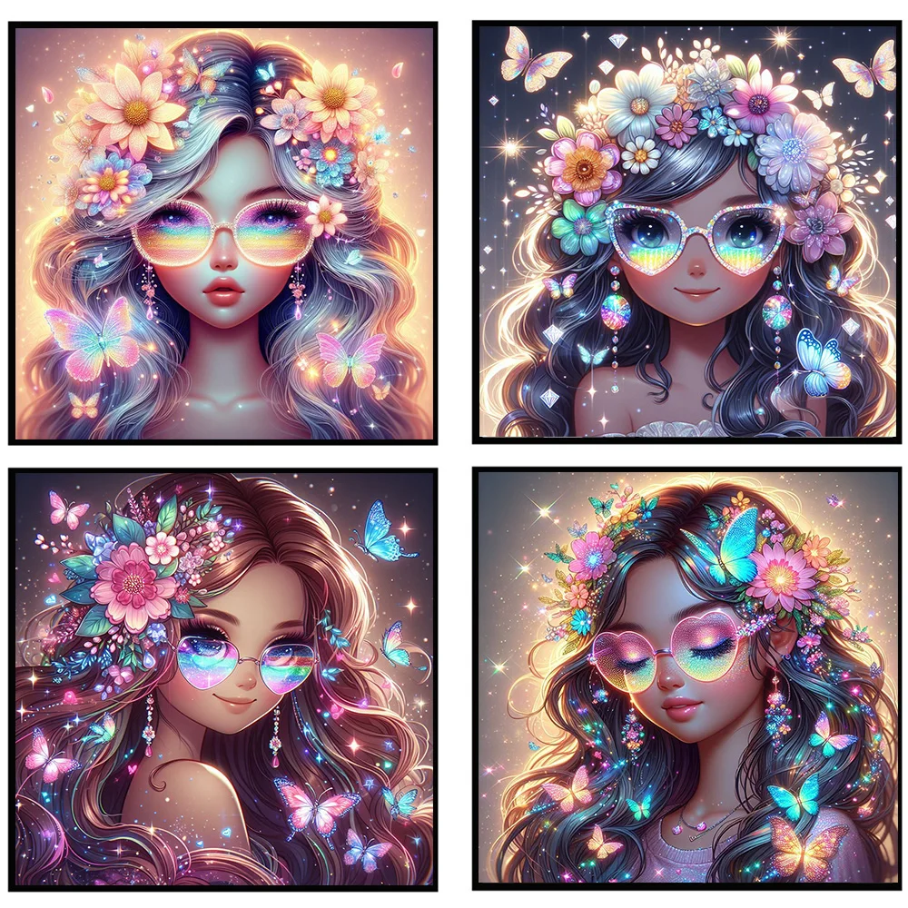 Cute Cartoon Girl Diamond Painting 5D DIY Mosaic Kits Glowing Colorful Sunglasses Butterflies Full Drill Embroidery Cross Stitch