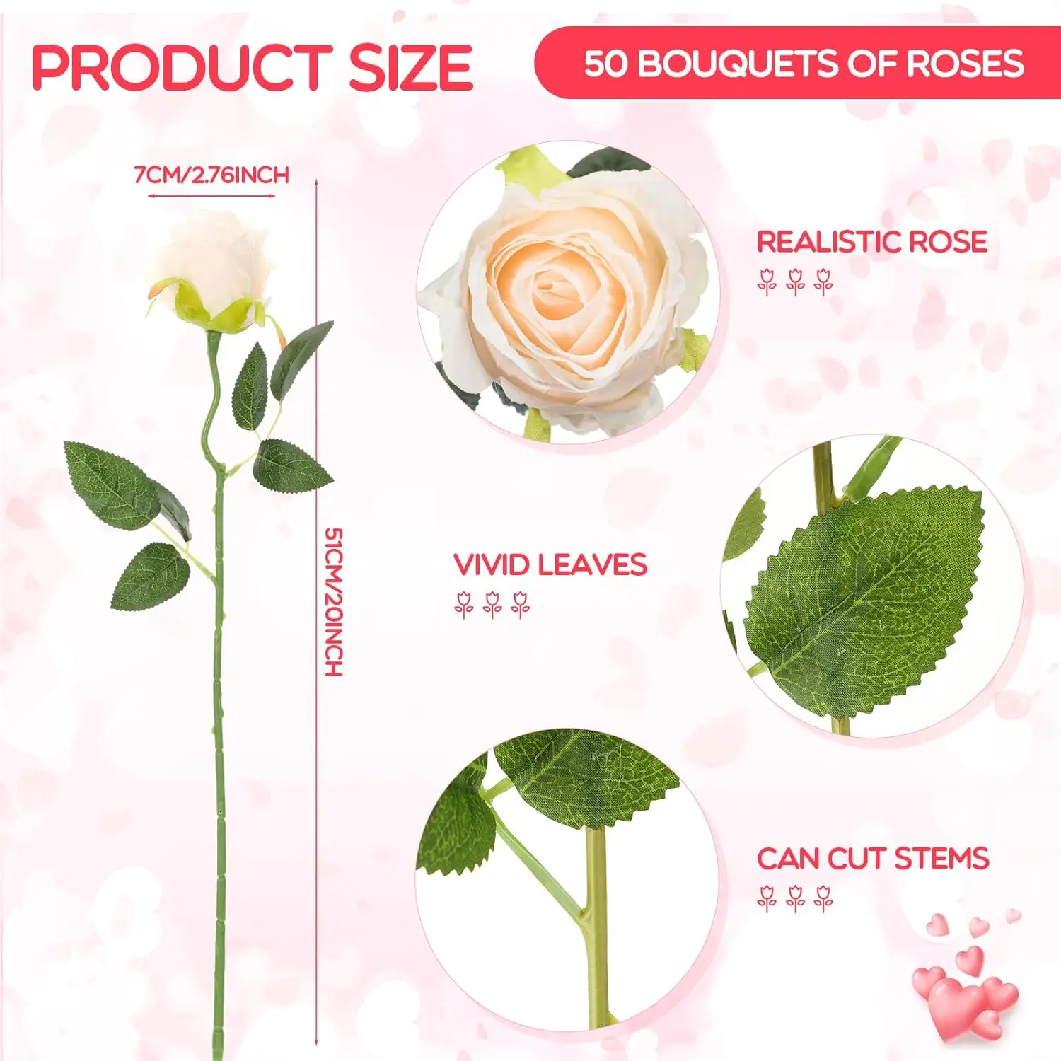 50 Pcs Artificial Rose Flower Realistic Silk Roses with Stem Bouquet of Flower Plastic Flower Real Looking Fake Rose for Home