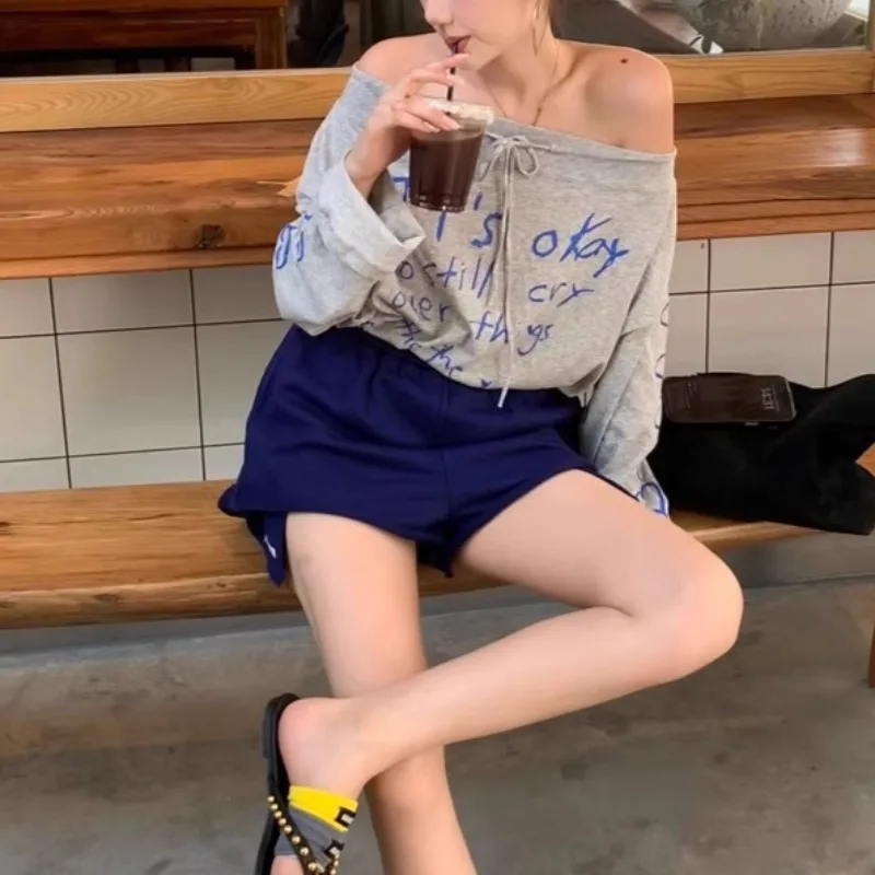 

2025 Summer New Shoulder Lace-up Letter Printing Sexy Long-sleeved T-shirt Women + Solid Color Casual Shorts Two-piece Suit