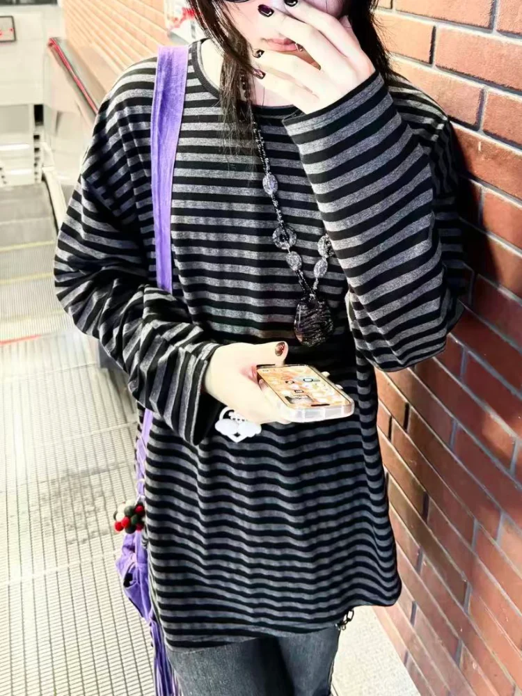 Japanese Y2k Clothing Long Sleeves T-shirt Autumn Women Striped Tops Loose Thin Grunge 2000s Streetwear Top