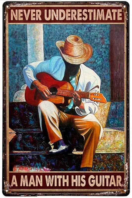 Vintage Style Metal Tin Sign Guitar Man Dog Time Spent With Guitar And Dog Is Never Wasted Wine Lovers Blue Night Metal Tin sign