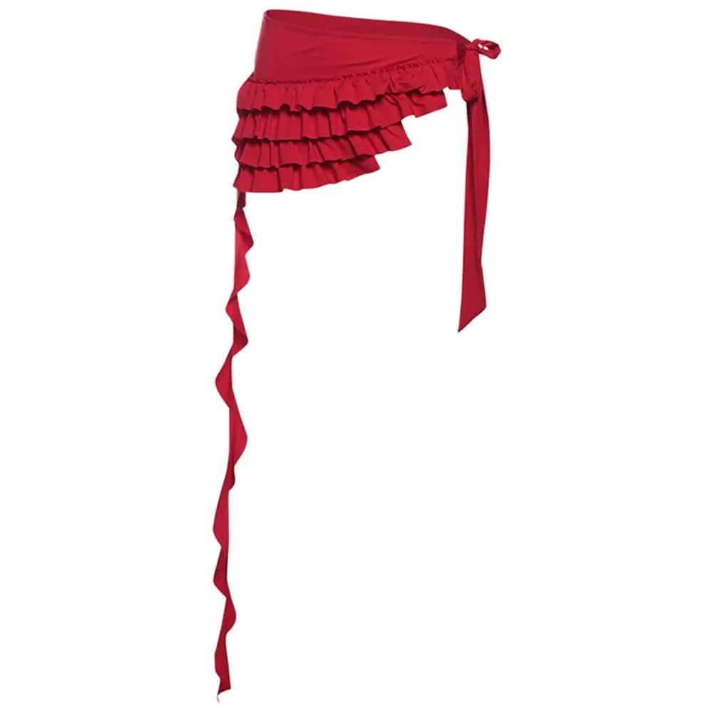 

Embroidered Flower Lace Mini Skirt See Through Irregular Lace Up Ruffles Skirt Lace-up Design High Waist Pleated Skirts