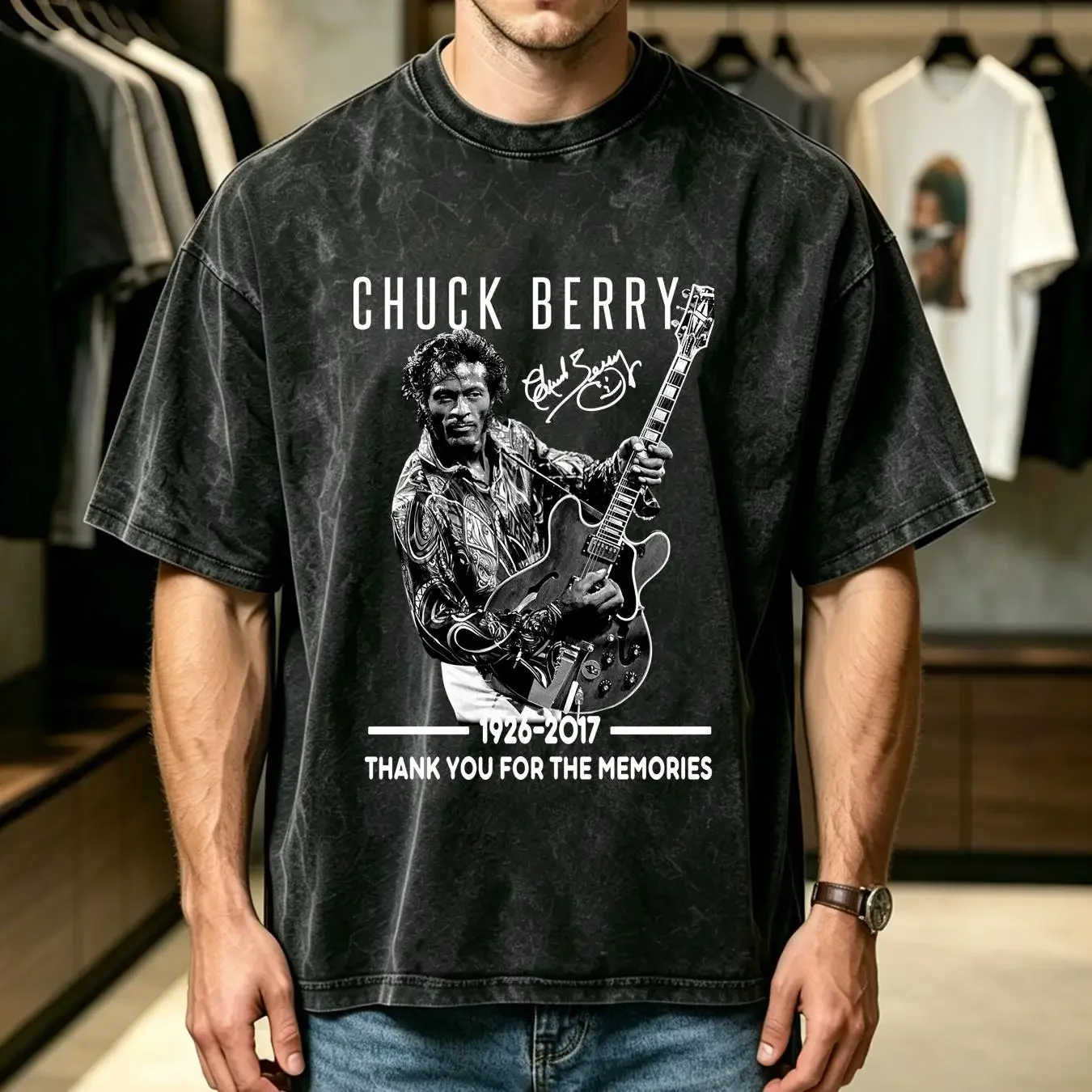 washed T Shirt Hot Chuck Berry Singer Black All Size C1833 long sleeves vintage Washed Versatile Slightly Soft Casual
