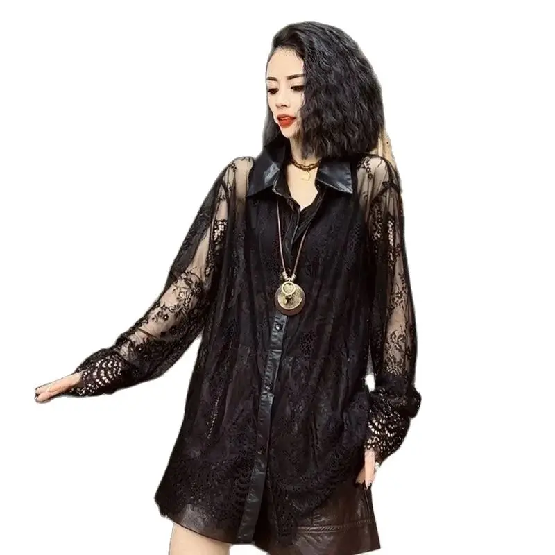 

Mid-Long Retro Blouse Chinese Jacquard Lace Chiffon Shirt Women Spring Summer Shirts 2024 Fashion Loose Long Sleeve Tops Female