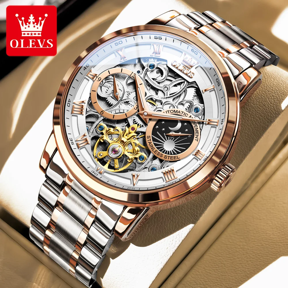 

OLEVS 6670 Fashion Skeleton Men's Watches Waterproof Moon Phase Automatic Mechanical Watch Luminous Original Brand Wristwatch
