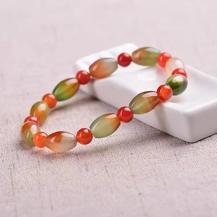 New Natural Peacock Agate Rice Bead Crystal Colorful Chalcedony Unisex Artistic Style Bracelet HandString