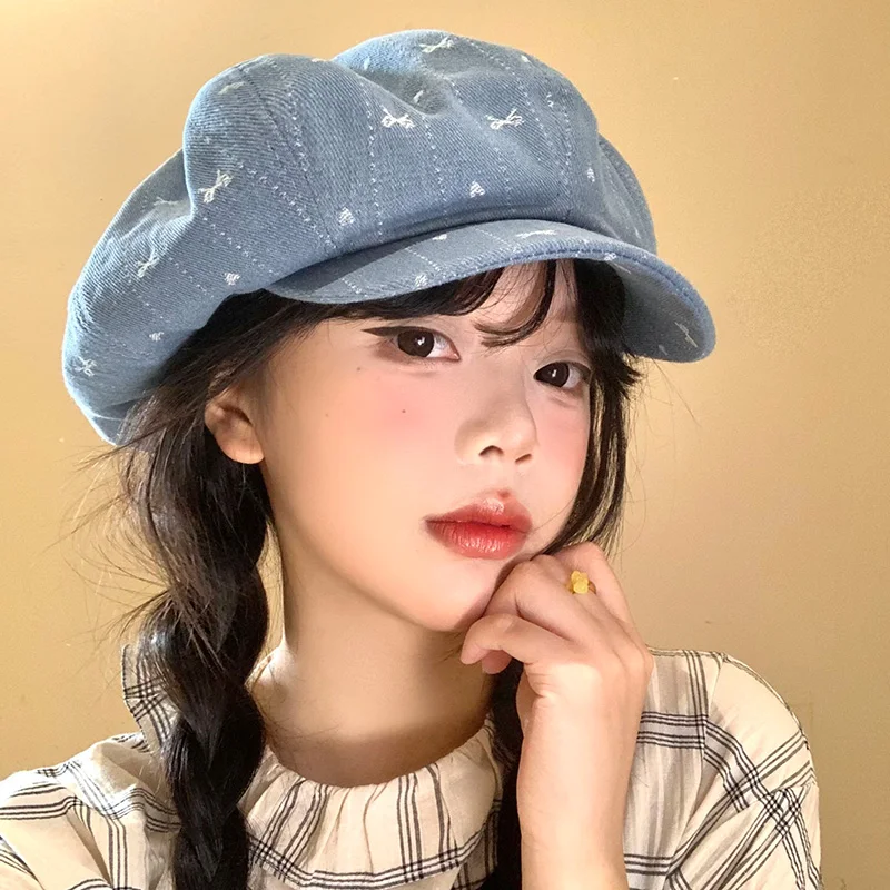 

Ins Sweet Bow Jacquard Denim Berets Cap Y2K Summer Autumn Travel Sunscreen Versatile Show Face Small Retro Newsboy Hats Women