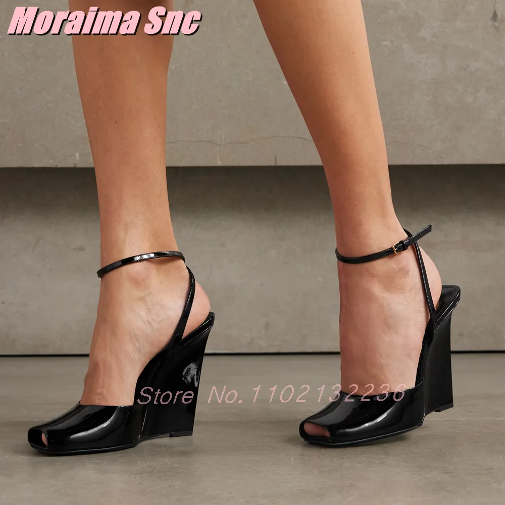 Peep Toe Patent Leather Sandals Wedges Ankle Buckle Strap Sexy Fashion Women's Dress Shoes Black Solid 2025 Summer New Banquet