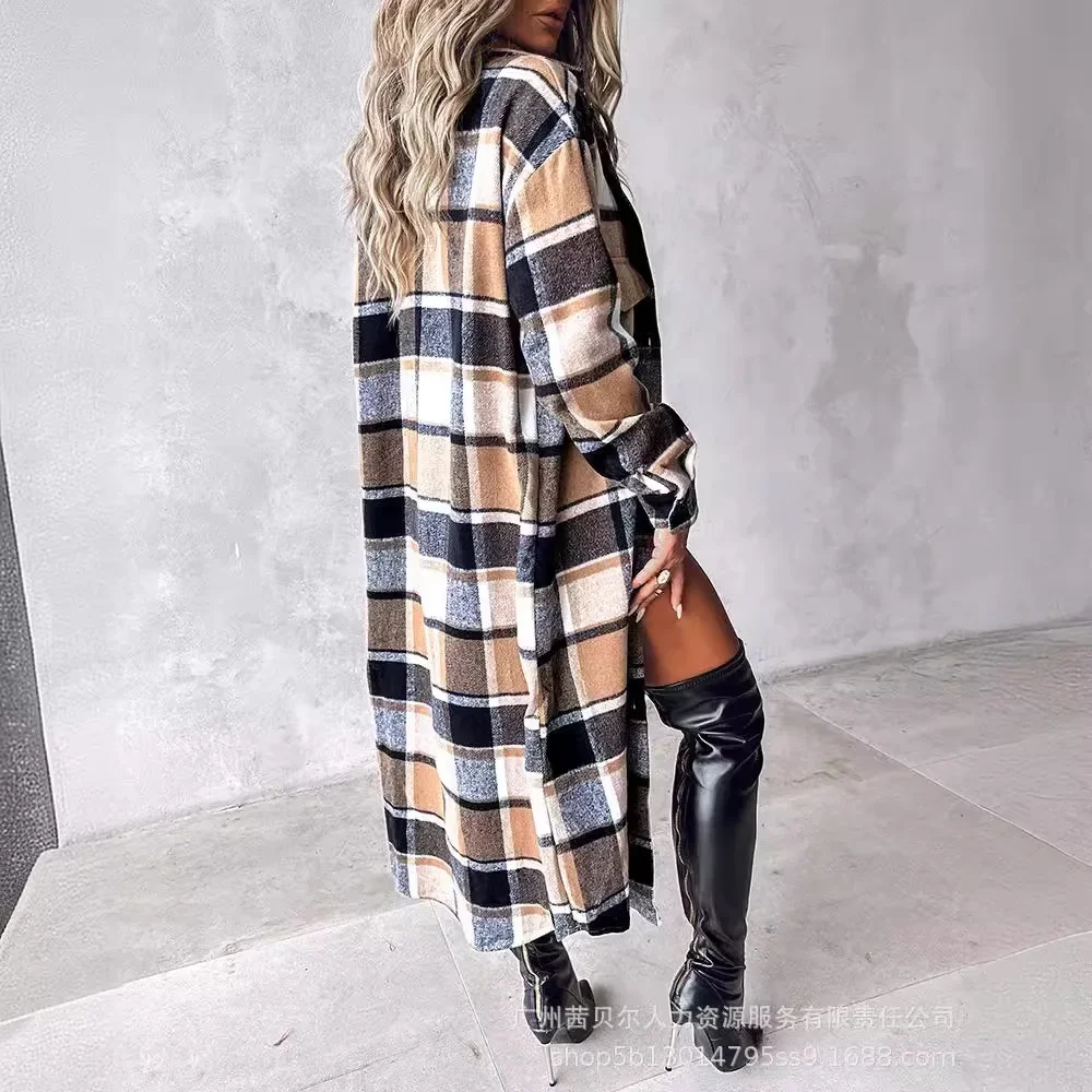 Women\'s Clothing  Flannel Long Shirt Coat Plaid Autumn Winter Loose Single Breasted Coat Trench