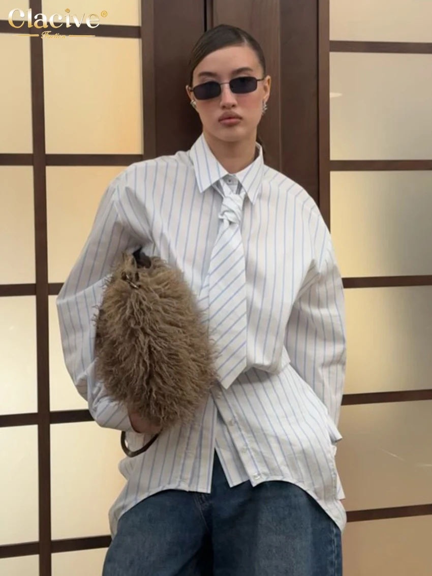 Clacive moda solta impressão blusa feminina 2026 casual lapela camisa de manga longa elegante gravata cinto topo 2 peças roupas femininas