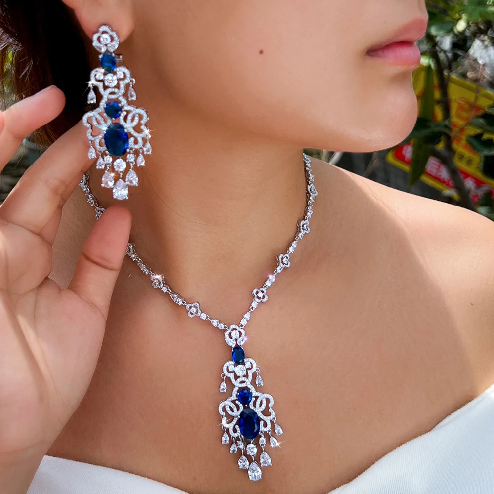 CWWZircons Top Quality Royal Blue Cubic Zirconia African Big Statement Necklace 2Pcs Sets for Women Evening Party Jewelry T0553