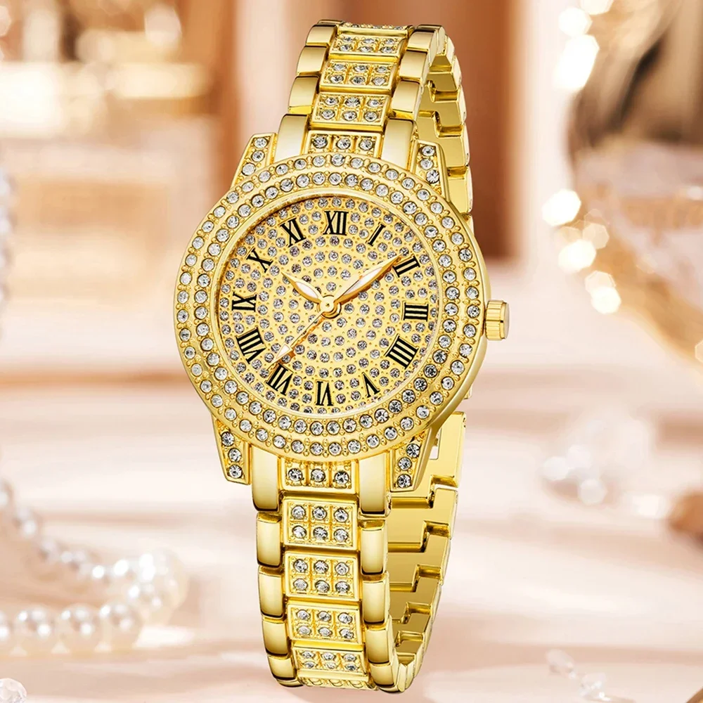 AAAFull Diamond Roman Dial Women's Gold Watch Unlimited Symbol Bracelet Love Bracelet Three Piece Set Accessories