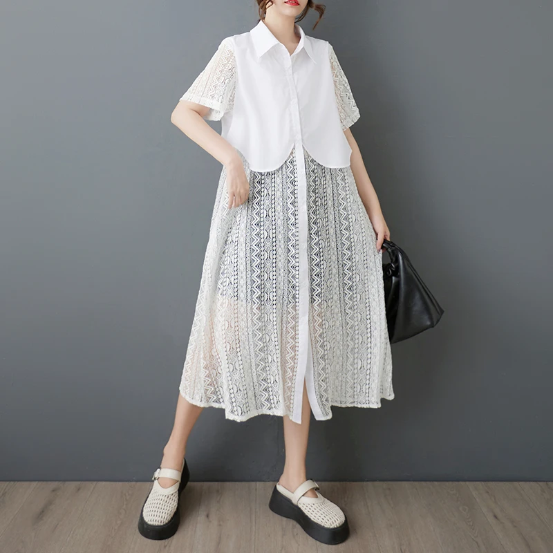 Verão novo solto faion design artístico renda emenda irt dr ele aosphere fibra de poliéster a linha midi dr