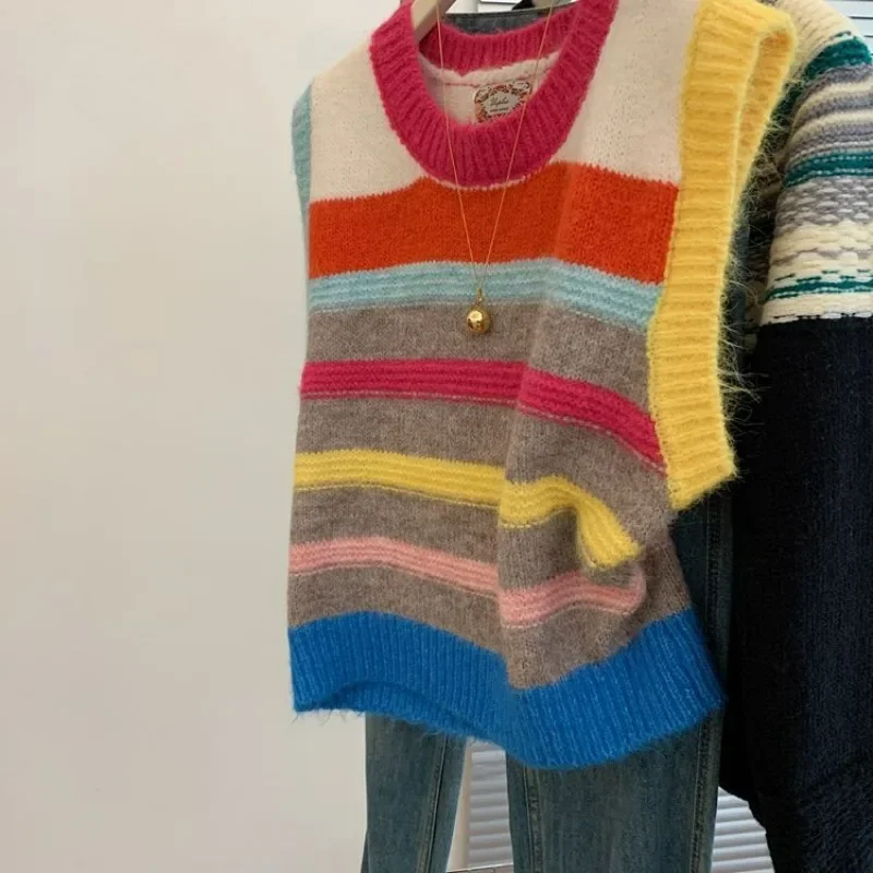 

2025 New Loose Rainbow Striped Korean Style Versatile Casual Sweater Vest Contrasting Color Sleeveless Knitted Top