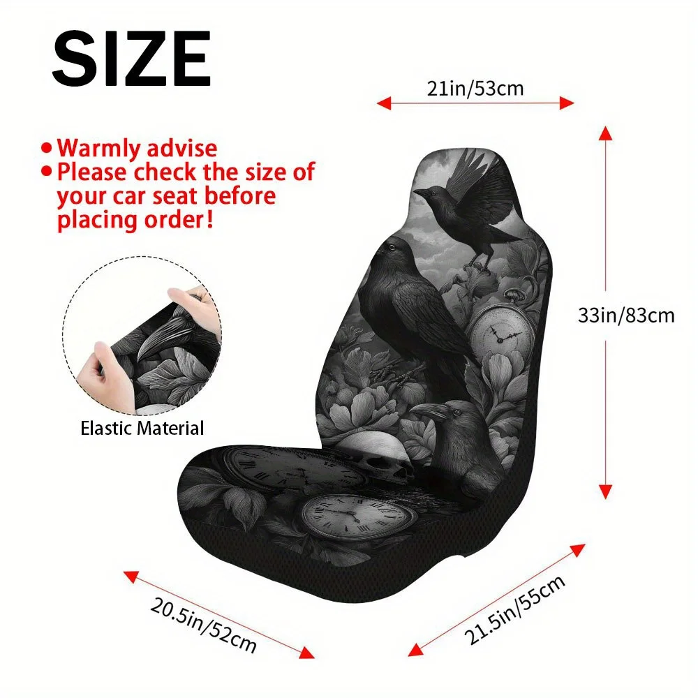 2pcs Halloween Skull And Raven Print Car Seat Covers – Universal Fit For Cars, Trucks, Vans, And SUVs | Durable Seat Protectors