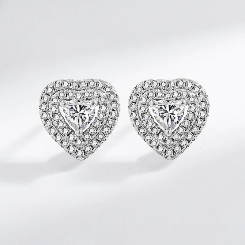 

925 Sterling Silver Romantic Heart Earrings Moissanite Full Zircon Stud Earrings Wedding Bridal Jewelry
