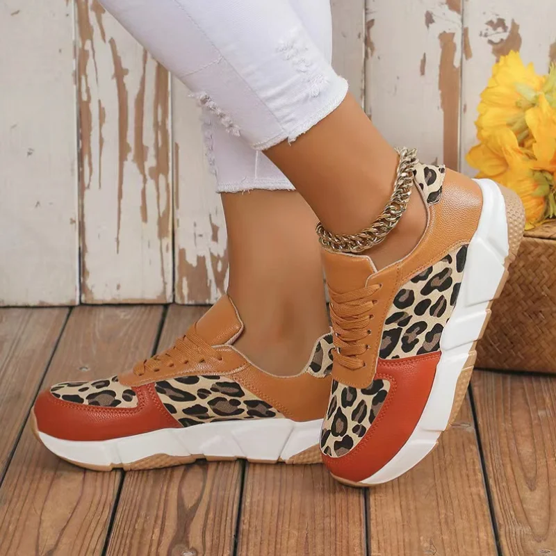 Women Casual Sneakers Women Autumn New Casual Leopard Round Toe Lace-Up Running Shoes Platform Vulcanized Shoes Plus Size 43