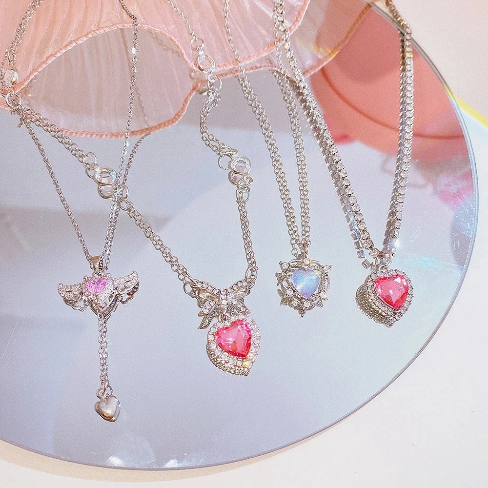 Necklace Jewelry Fashion Peach Heart Water Drop Pendant Necklace Pink Crystal Egirl Sweet Cool Y2K Clavicle Chain Wholesale