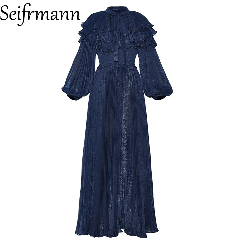 

Seifrmann 2026 Spring Women's New Fashion Collection Leading Lantern Long Sleeve Hundred Fold Waist Cinching Dress