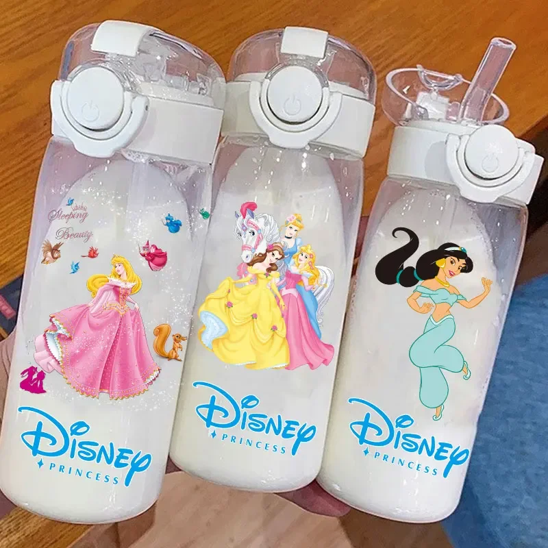 Disney Princess Straw Water Cup Portable Plastic 600/400ML Transparent Outdoor Large Capacity Sport Cute Water Bottle Cinderella