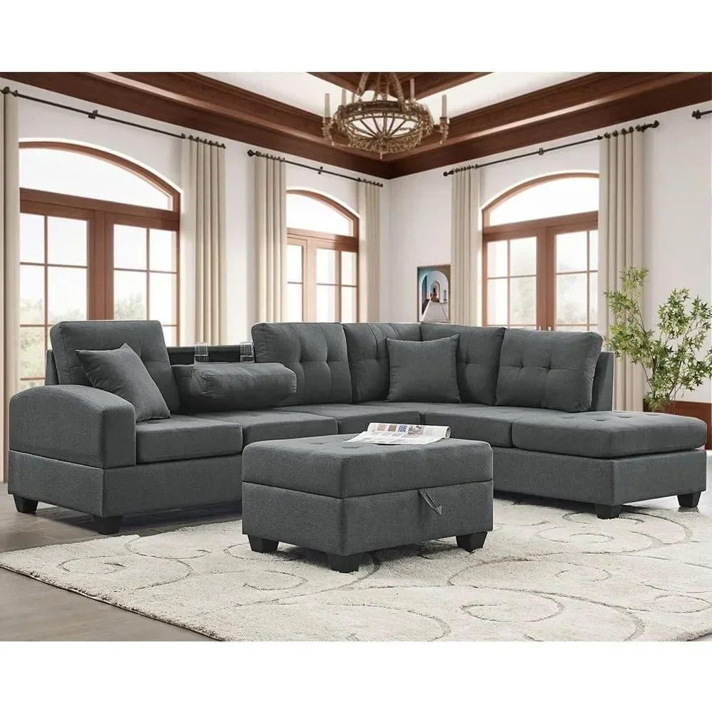 

L Shape Modular Storage Ottoman & Chaise, Comfy Oversized Corner Sofa Cup Holder,Fabric Living Room Furniture Couch Sets