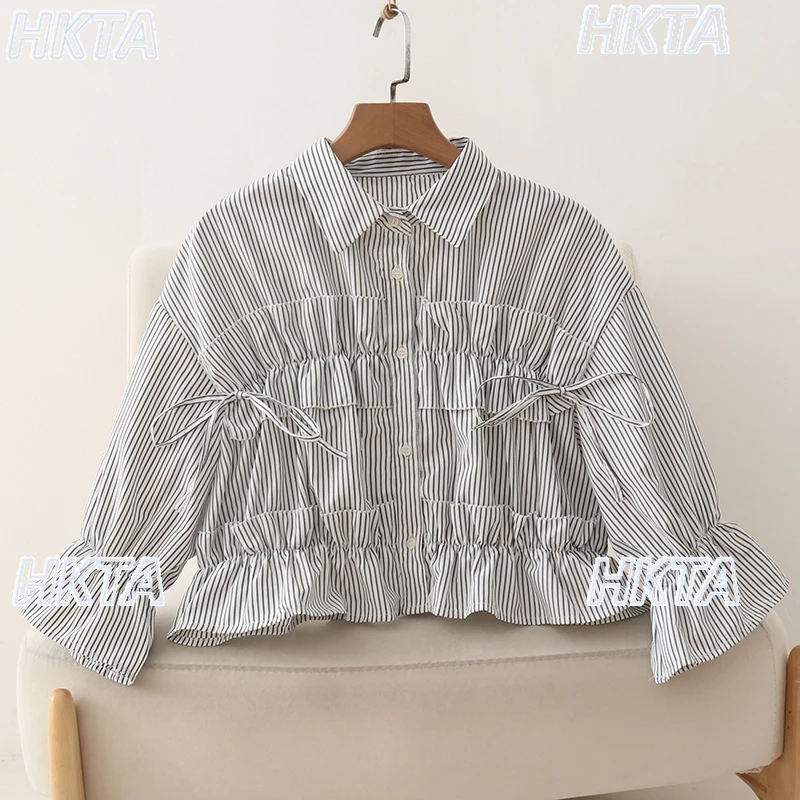 

Japanese Style Commuter Lapel Single Breasted Ruffles Striped Shirt Girl Splicing Bud Sleeve Loose Casual Shirts Top for Women
