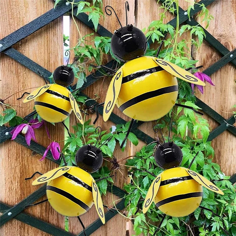 ABBN-Metal Bee Wall Decor Outdoor Garden Fence Decor 3D Bumble Bee Wall Art Decoration Bee Wall Art Sculpture Hanging, 4 Pcs - view 3