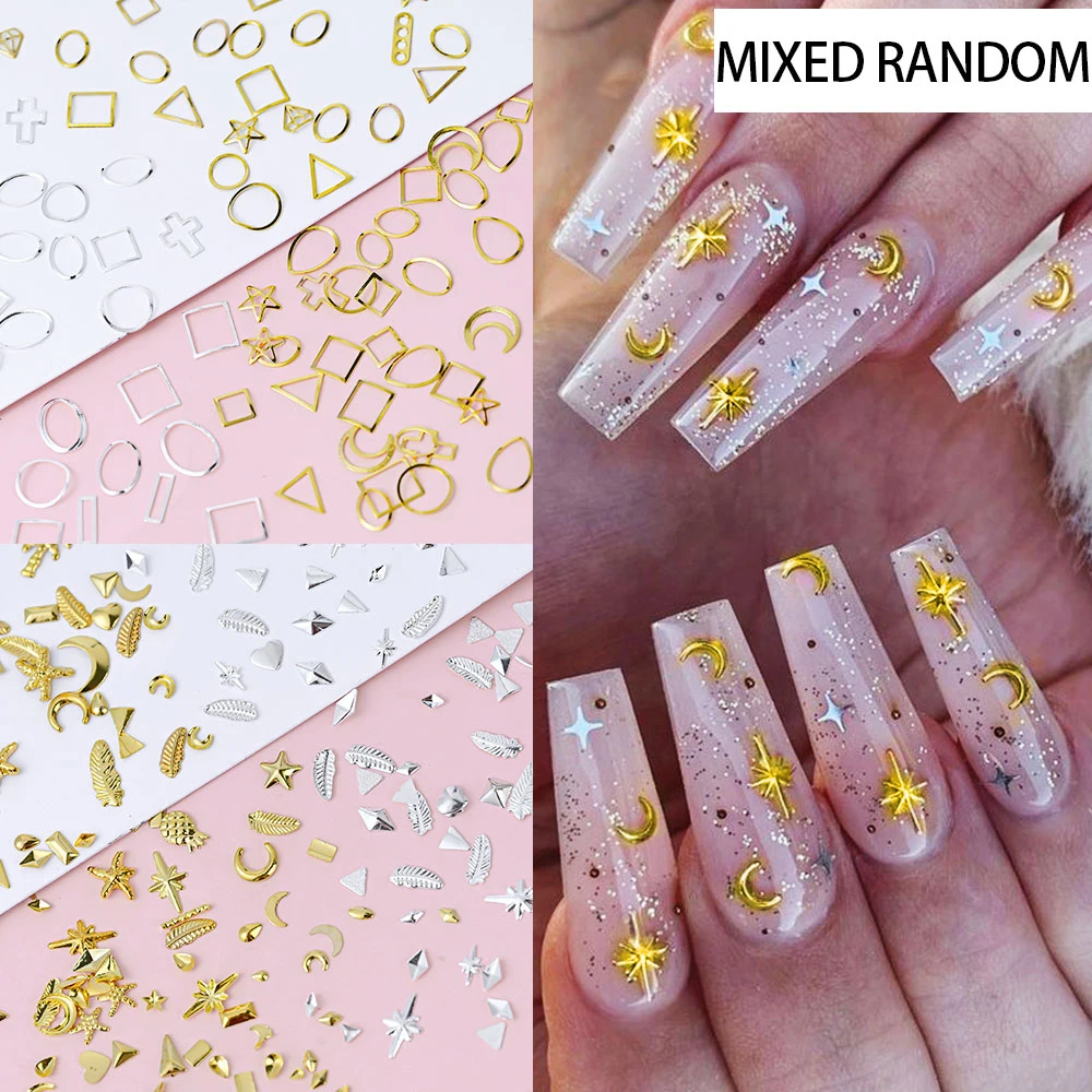 200Pcs/Bag Mixed Shape Gold Silver Metal Flake Nail Arts Decorations Star Moon Nail Charms Accessories Manicure DIY Supplies