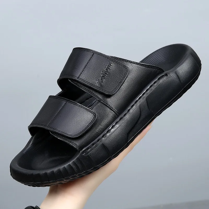 

High End Cowhide Slippers Men's Summer Shoes Non Slip Thick Sole Open Toe Indoor Sandals Male Fashion Casual Sport Flats