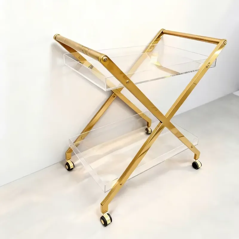 Modern Two Tier Acrylic Storage Cart Gold Frame Mobile Service Trolley 4 Wheels Hotel Utility Caddy for Salon Beauty Room