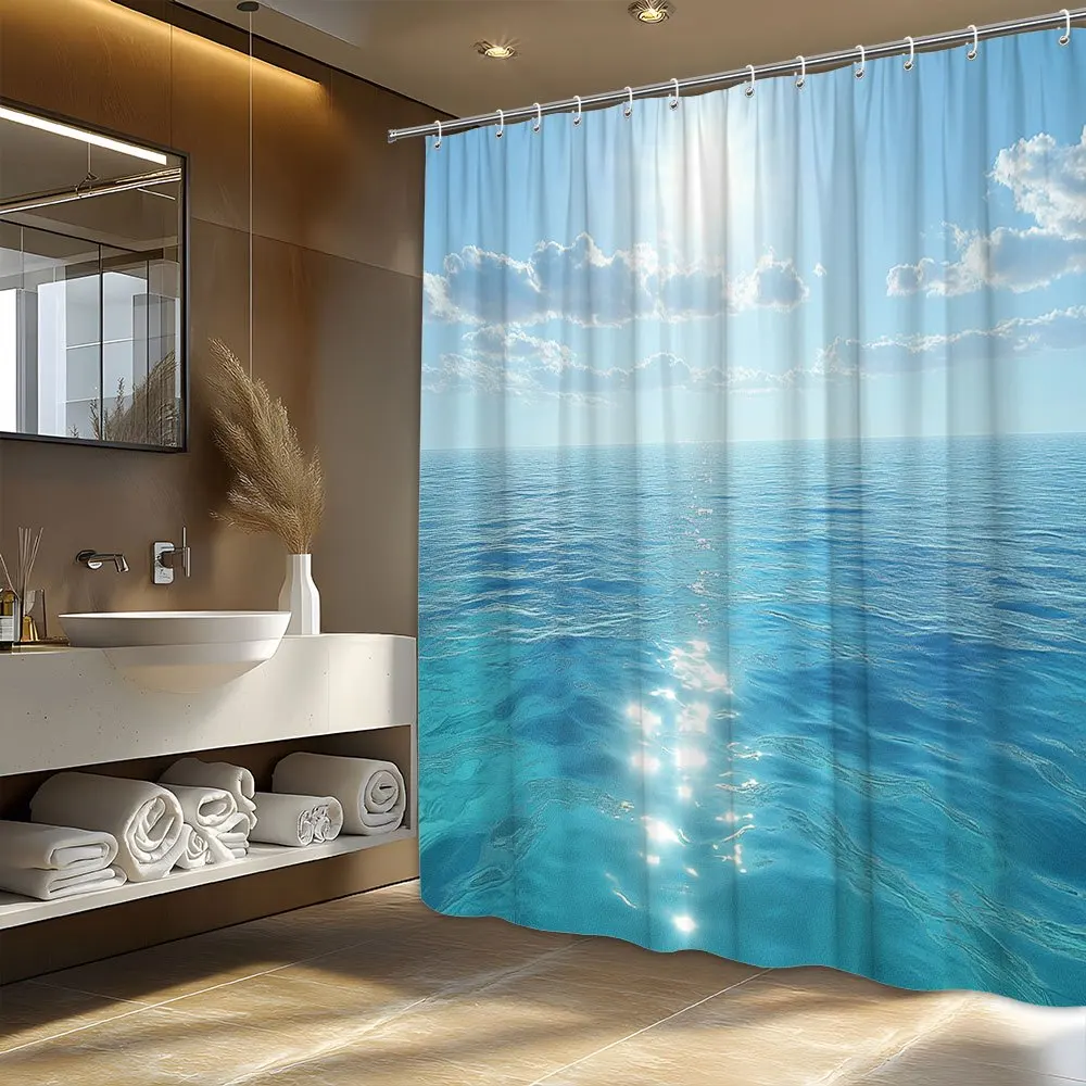 

1 шт., занавеска для душа Serene Ocean View — храмовая прибрежная сцена с спокойной бирюзовой водой и ясное голубое небо, 12 крючков