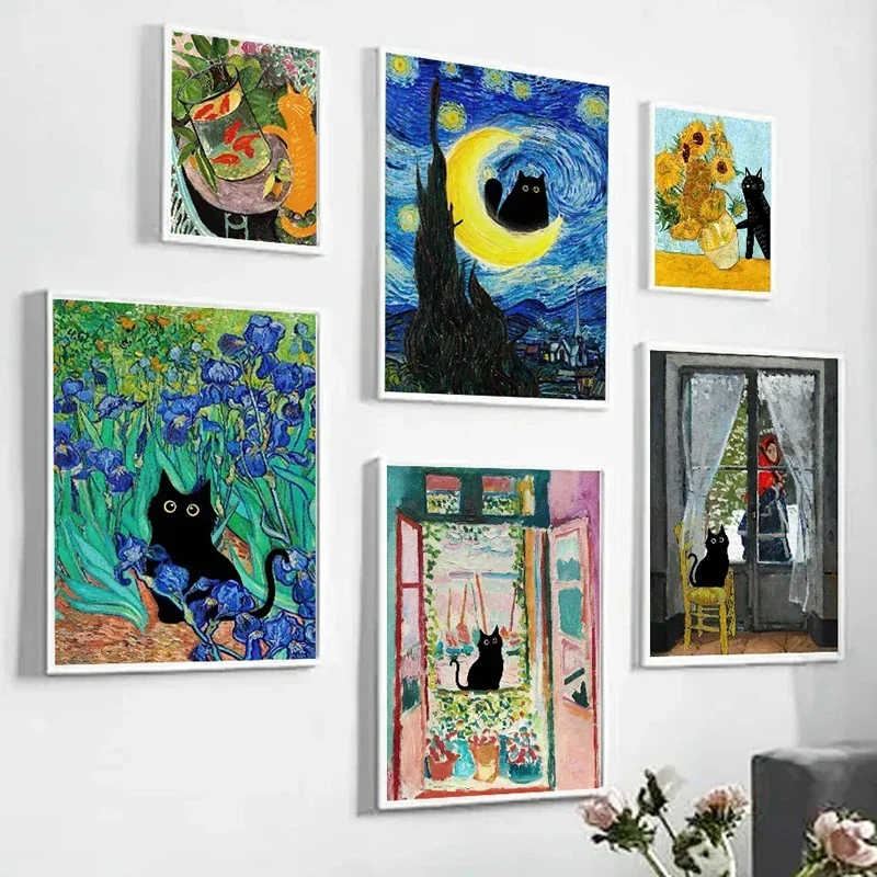 Black Cat Van Gogh Sunflowers Funny Art Matisse Monet Canvas Painting Posters And Prints Wall Pictures For Living Room Decor